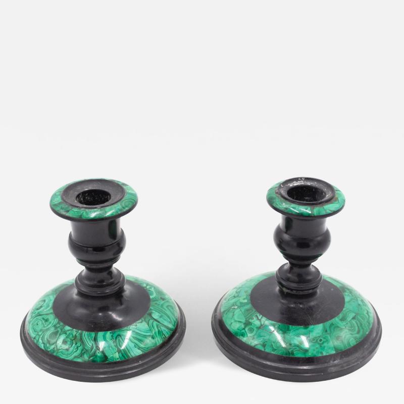 Pair of Russian Black Marble and Malachite Candleholders