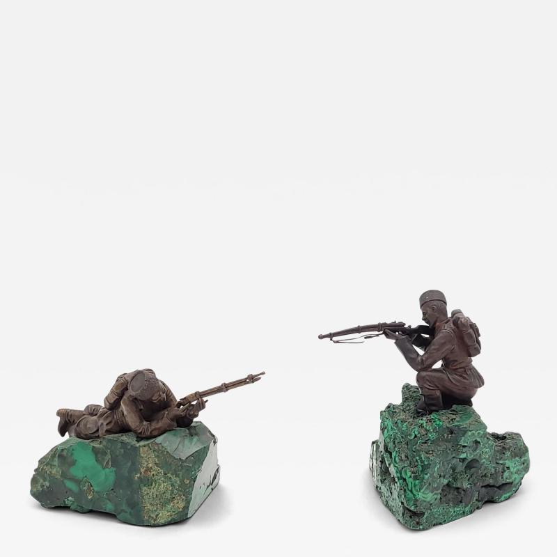 Pair of Russian Bronze Soldiers Mounted on Malachite Early 20th Century