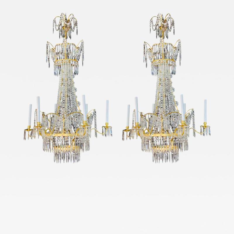 Pair of Russian Neoclassical Style Bronze and Crystal 7 Light Chandeliers