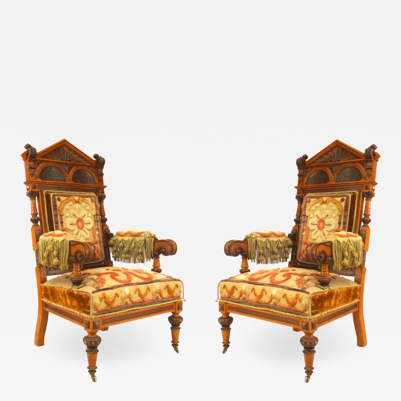 Pair of Russian Oak Carved Arm Chairs