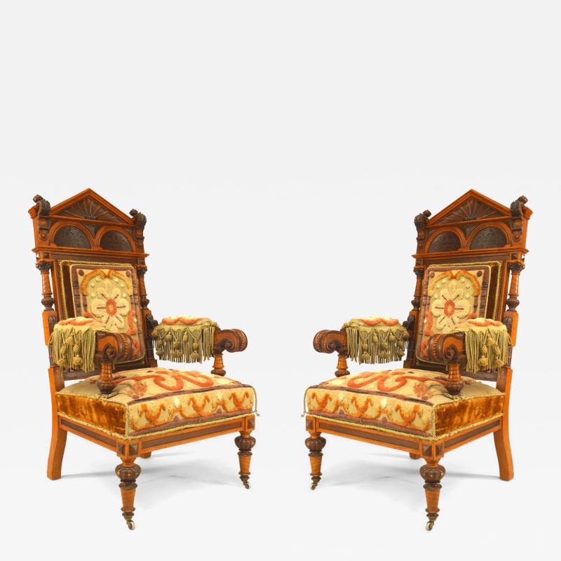 Pair of Russian Oak Carved Armchairs
