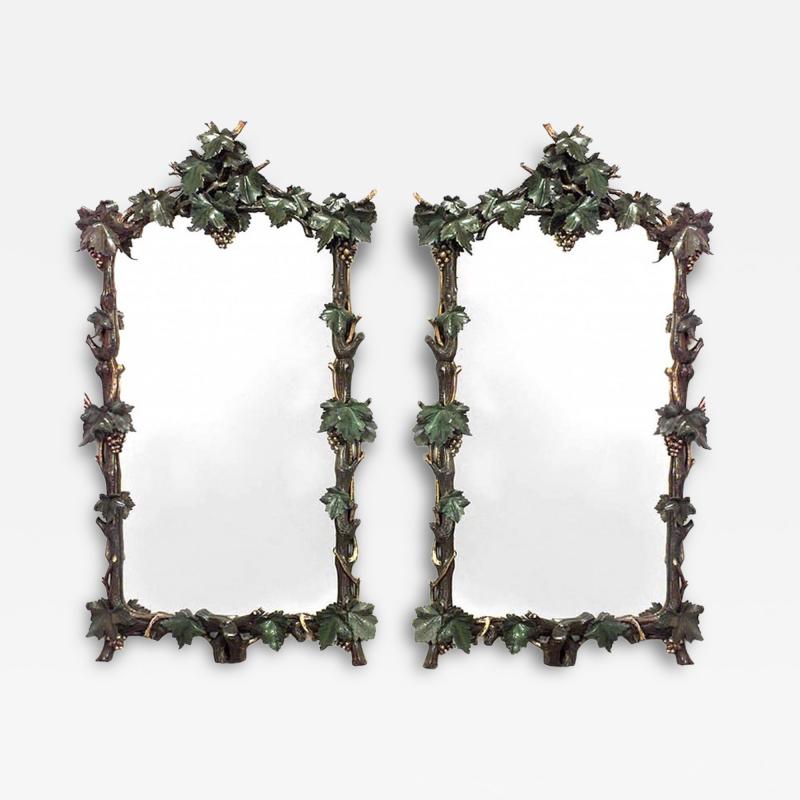 Pair of Rustic Continental Carved Grape and Leaf Design Wall Mirrors