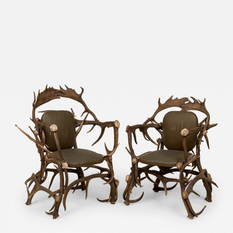 Pair of Rustic Continental Style Olive Green Leather and Faux Antler Armchairs
