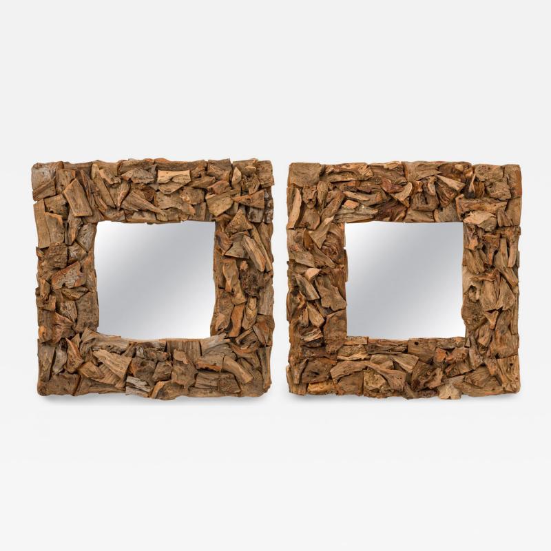 Pair of Rustic Driftwood Framed Square Wall Mirrors