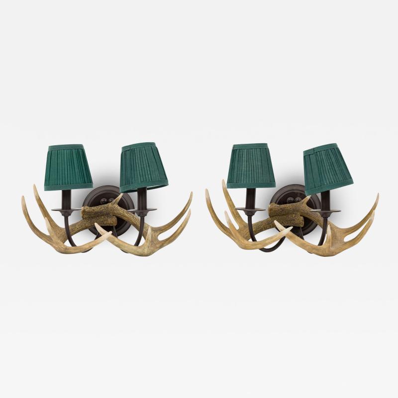 Pair of Rustic Resin Faux Antler Wall Sconces with Small Green Pleated Shades