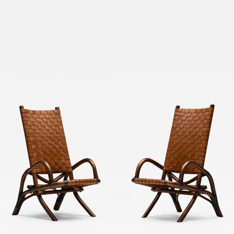 Pair of Rustic Woven Leather Bamboo Armchairs 1950s