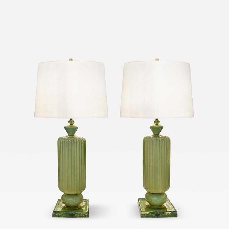 Pair of Sage Green Plisse Palazzo Murano Glass Table Lamps