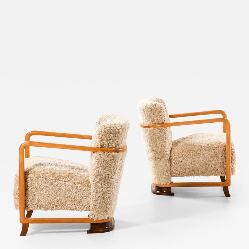 Pair of Scandinavian Art Deco Easy Chairs in Birch and Sheepskin 1930s