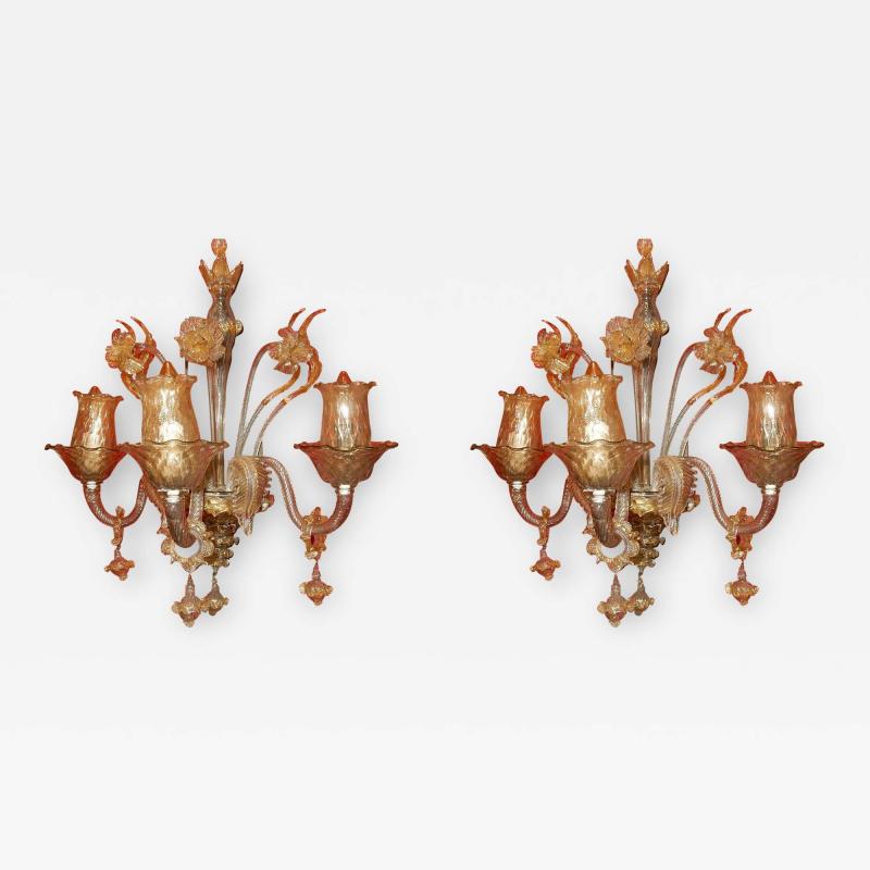 Pair of Sconces of Light Crystal of Murano with Gold Inside 1950 1970