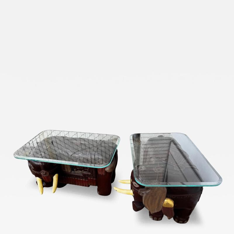 Pair of Sculpted Elephant w Tusk Hand Painted w Beveled Glass Top Tables