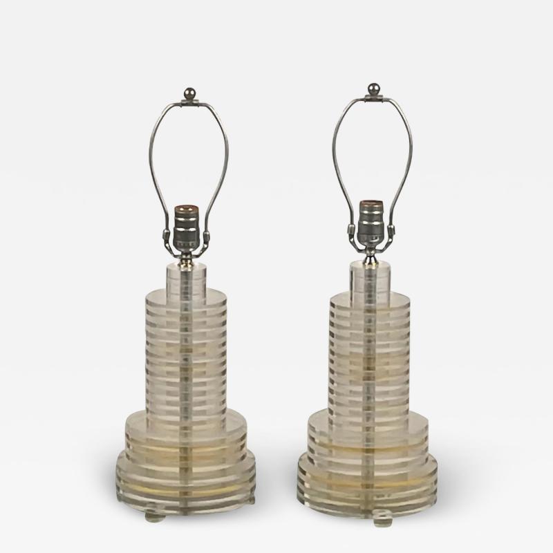 Pair of Sculptural 70s Clear and Tinted Lucite Disc Lamps
