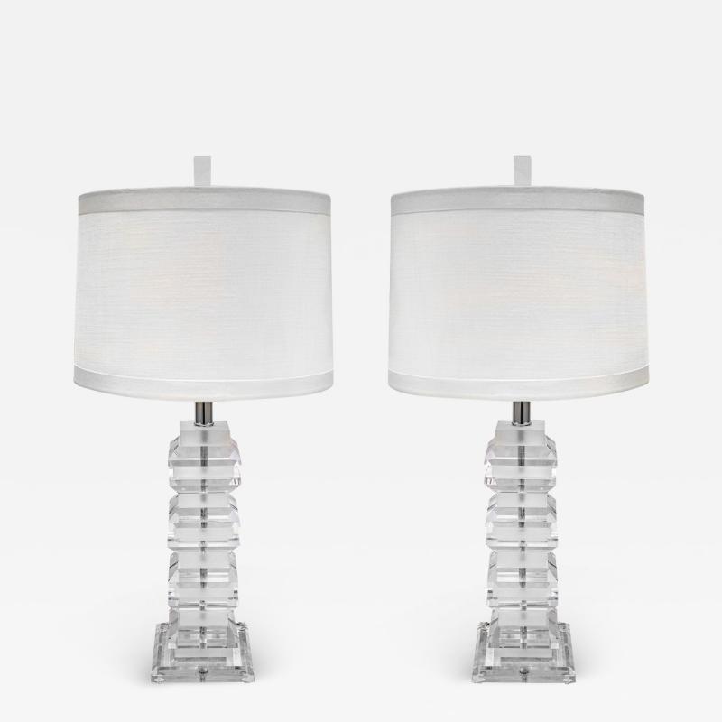 Pair of Sculptural Alternating Frosted and Clear Lucite Table Lamps 1970s