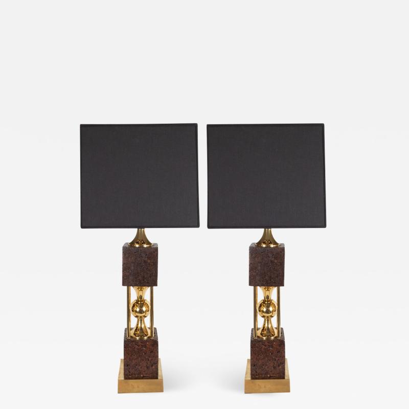 Pair of Sculptural Mid Century Modern Polished Brass and Cork Table Lamps