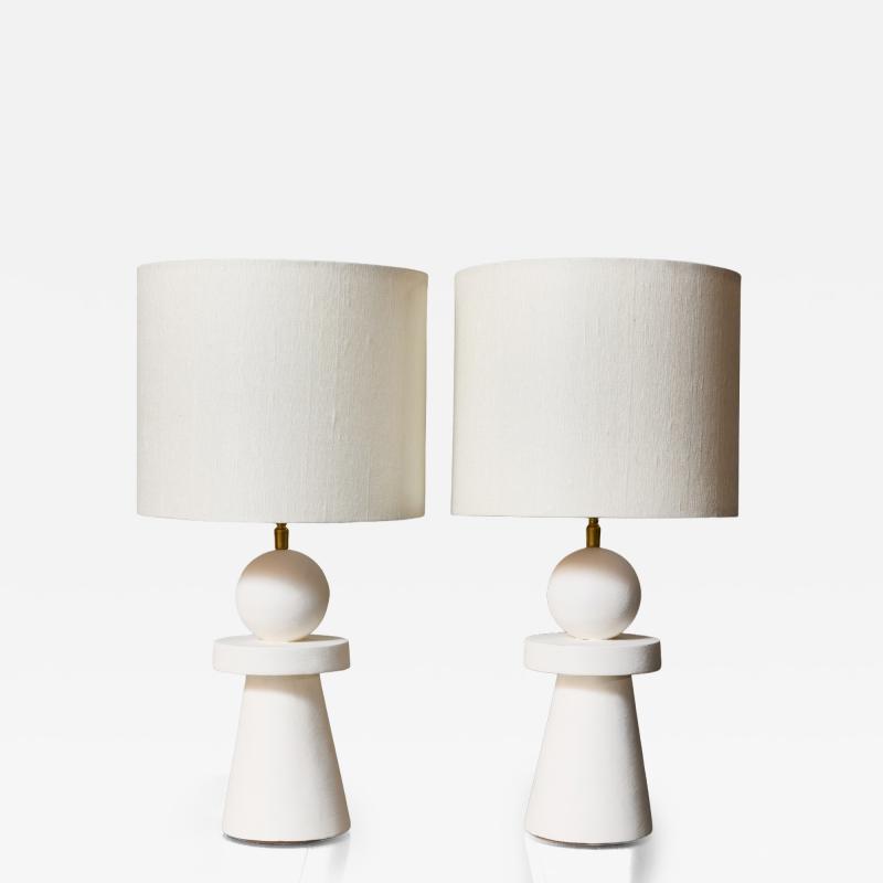 Pair of Sculptural Modern Plaster Table Lamps with Linen Shades