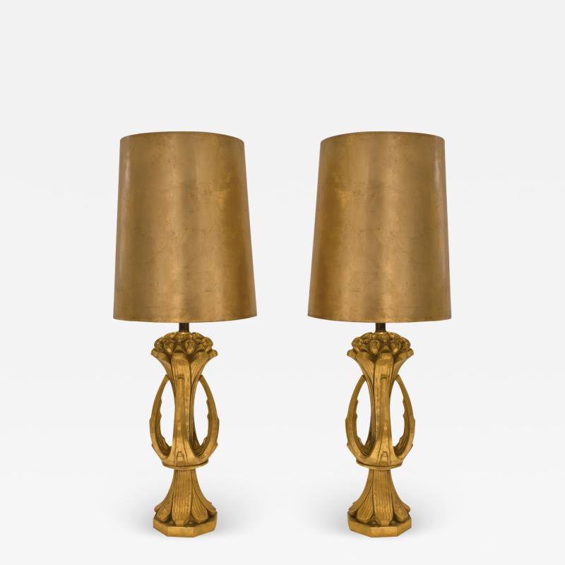 Pair of Sculptural Table Lamps in Gilded Plaster with Gold Leaf Shades 1971