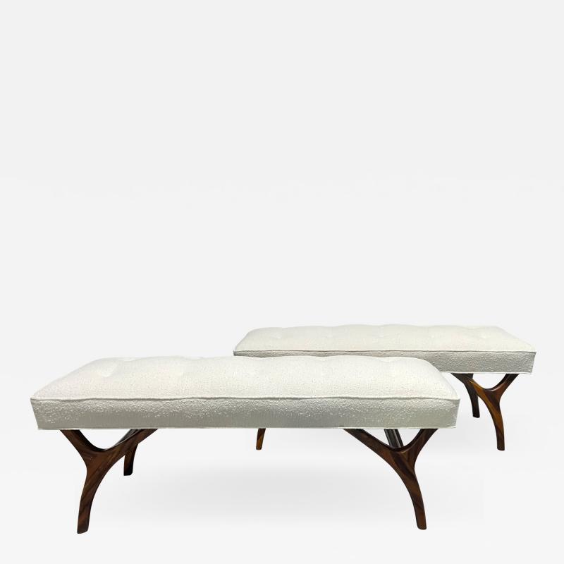 Pair of Sculptural Walnut Benches in Boucle