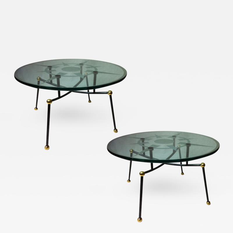 Pair of Semi Globe Coffee Tables with Engraved Glass Top