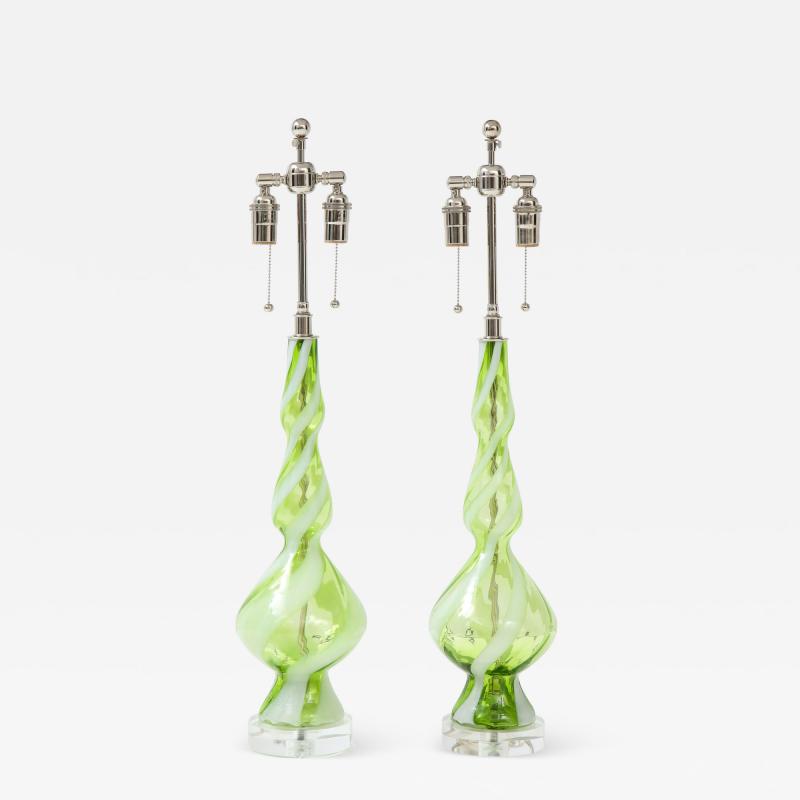 Pair of Sherbet Green Murano Glass Lamps 