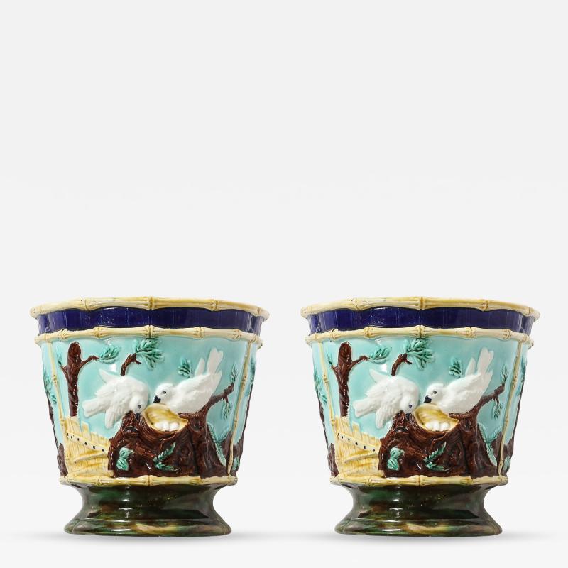 Pair of Signed Majolica Ceramic Cachepots w Birds Nests Bamboo Border Detail