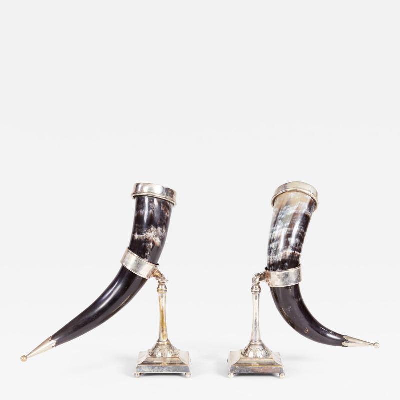 Pair of Silver Rimmed Horn Cups in Stands