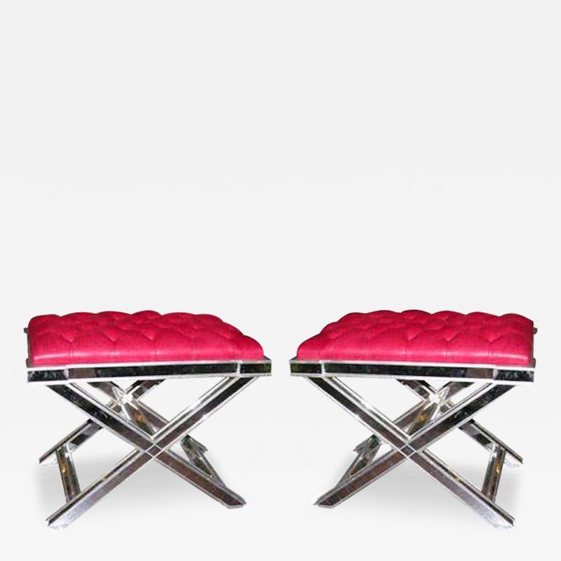 Pair of Silver Trim Mirrored X Band Benches with Red Tufted Leather Top