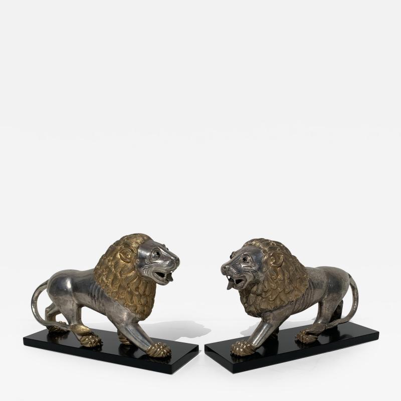 Pair of Silvered Brass Lion Sculptures Bookends