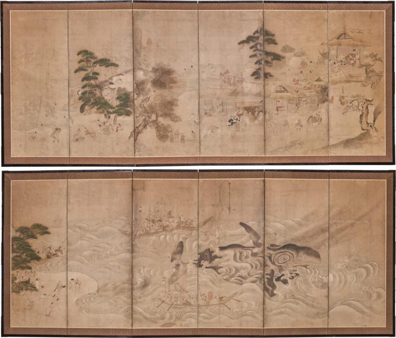 Pair of Six Panel Screens Whale Hunting and Harvesting