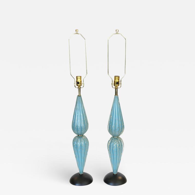 Pair of Sky Blue and Gold Murano Glass Lamps