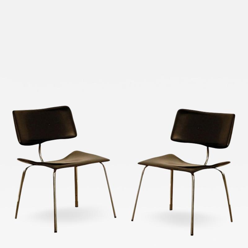 Pair of Slender Italian Stitched Leather Lounge Chairs