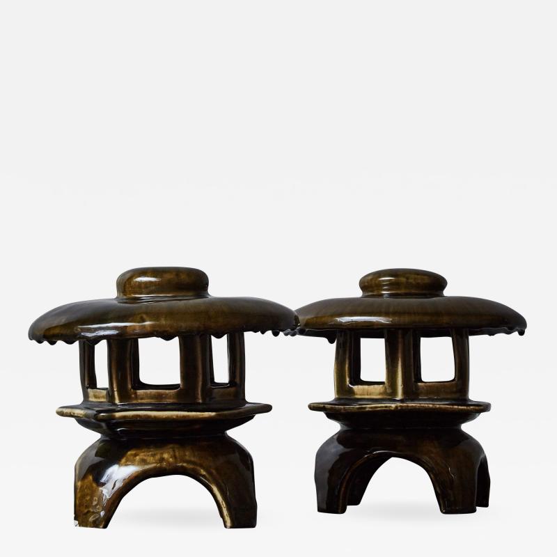 Pair of Small Glazed Ceramic Pagoda Table Lamps