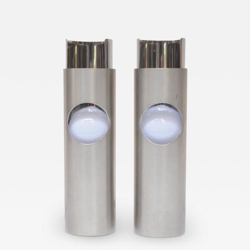 Pair of Small Italian Cylindrical Aluminum Bedside Lamps by Gaetano Missaglia