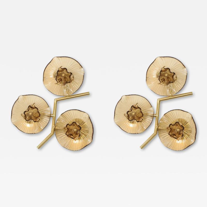 Pair of Smoked Murano Flower Floral Glass and Brass Sconces Italy