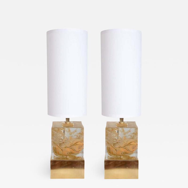 Pair of Solid Murano Glass Amber Color Cube Lamps with Brass Base Italy 2019