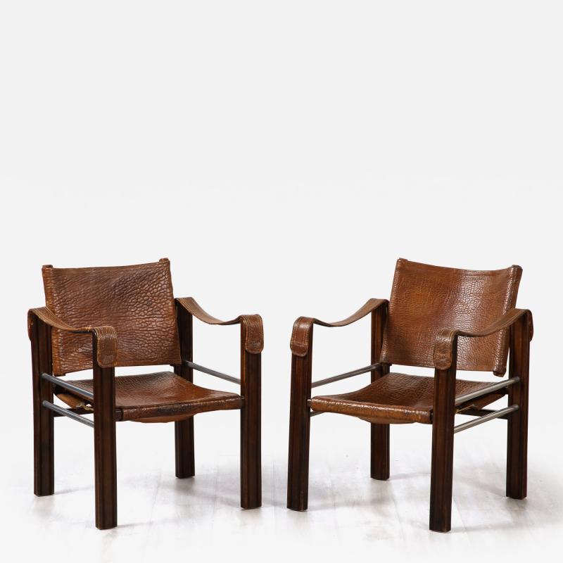 Pair of Spanish 1920s Pebbled Leather and Chrome Safari Armchairs