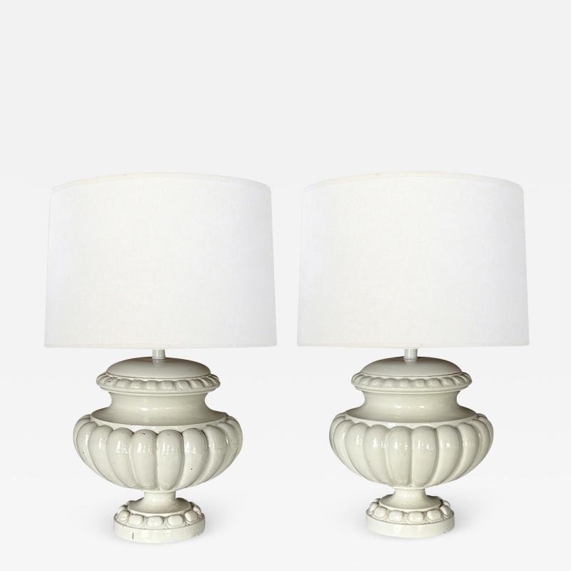 Pair of Spanish Manises Pottery White Glazed Lobed Urns Now as Lamps