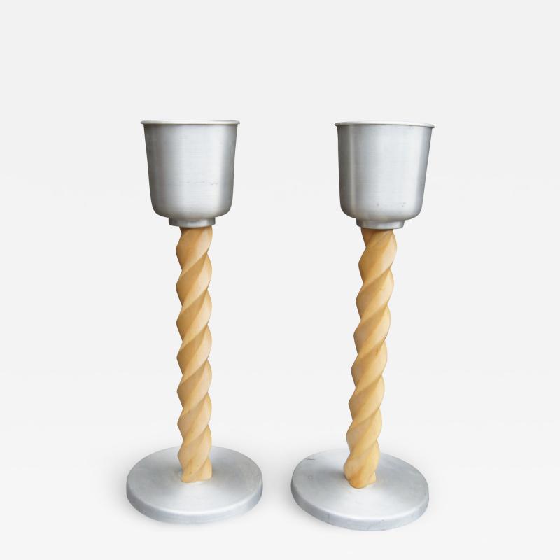 Pair of Spun Aluminum and Oak Ashtray Stands Attributed to Russel Wright