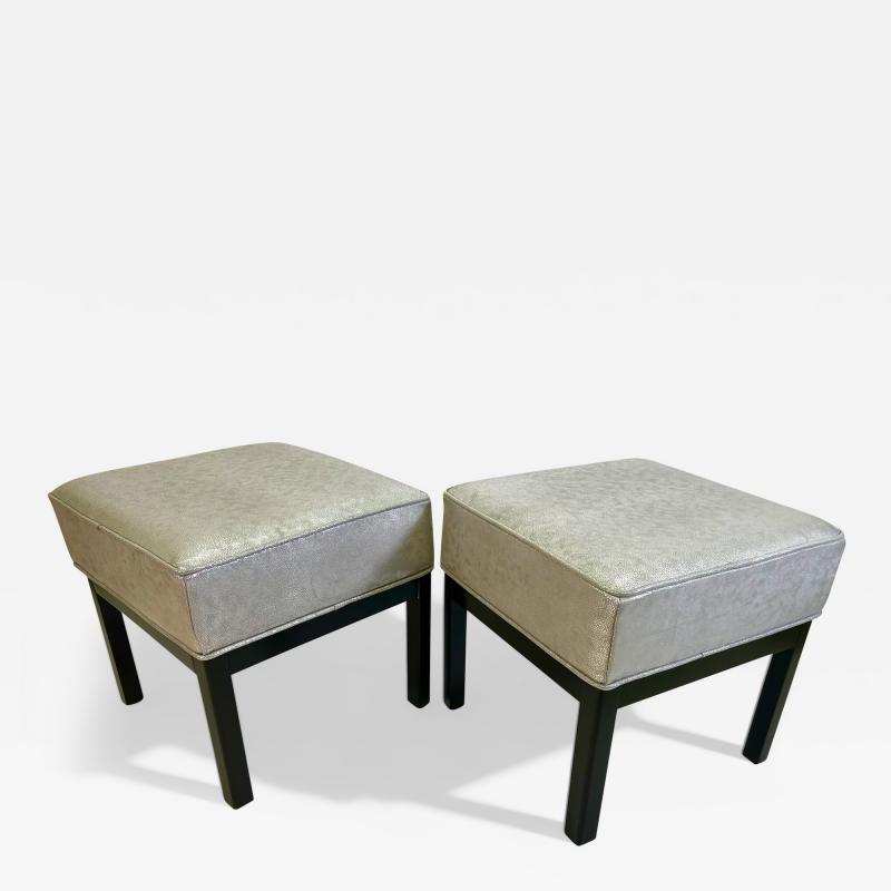 Pair of Square Stools in Luxe Silver Shagreen Leather and Walnut Stained Legs