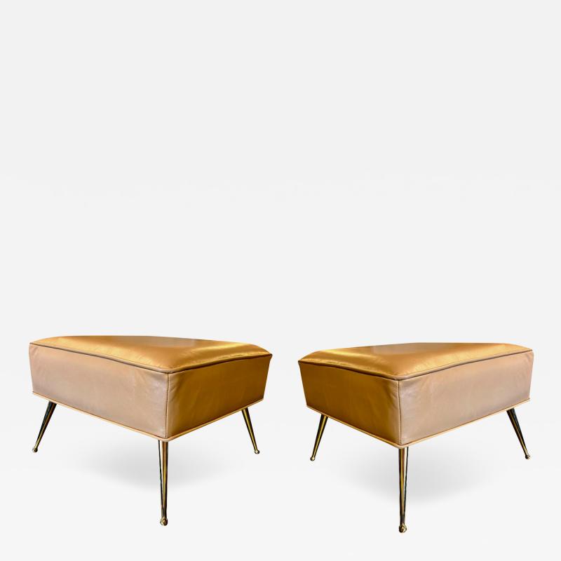 Pair of Stools in Camel Italian Leather With Solid Brass Legs With Ball Feet