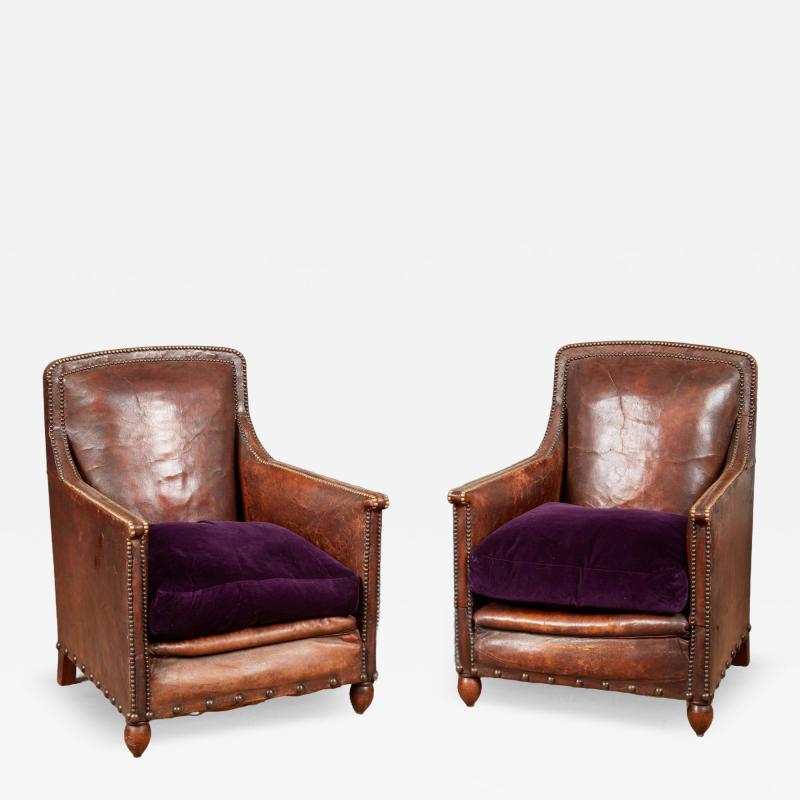 Pair of Studded Leather Club Chairs