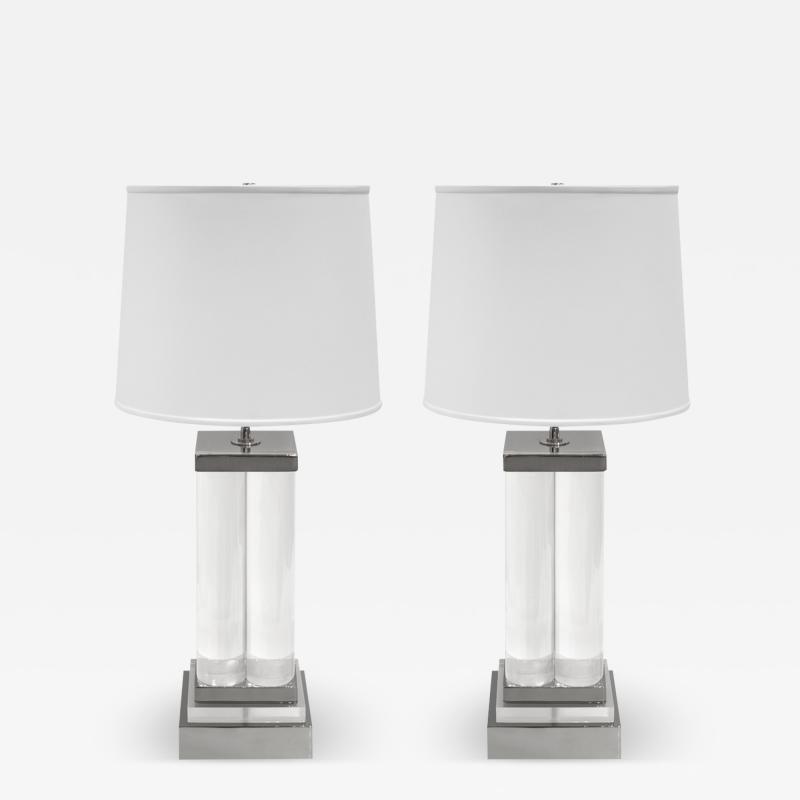 Pair of Stunning Lucite Column Table Lamps on Nickel Bases 1970s