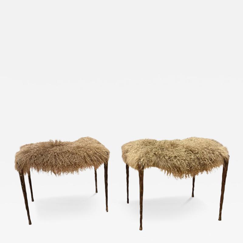 Pair of Suave Benches in Mongolian Fur and Hammered Bronze
