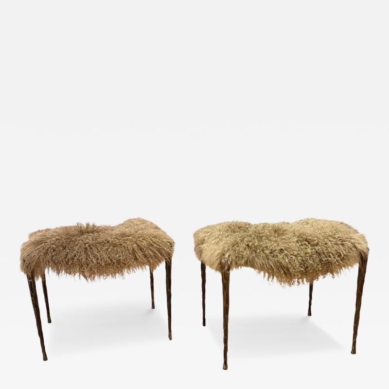 Pair of Suave Benches in Mongolian Fur and Hammered Bronze