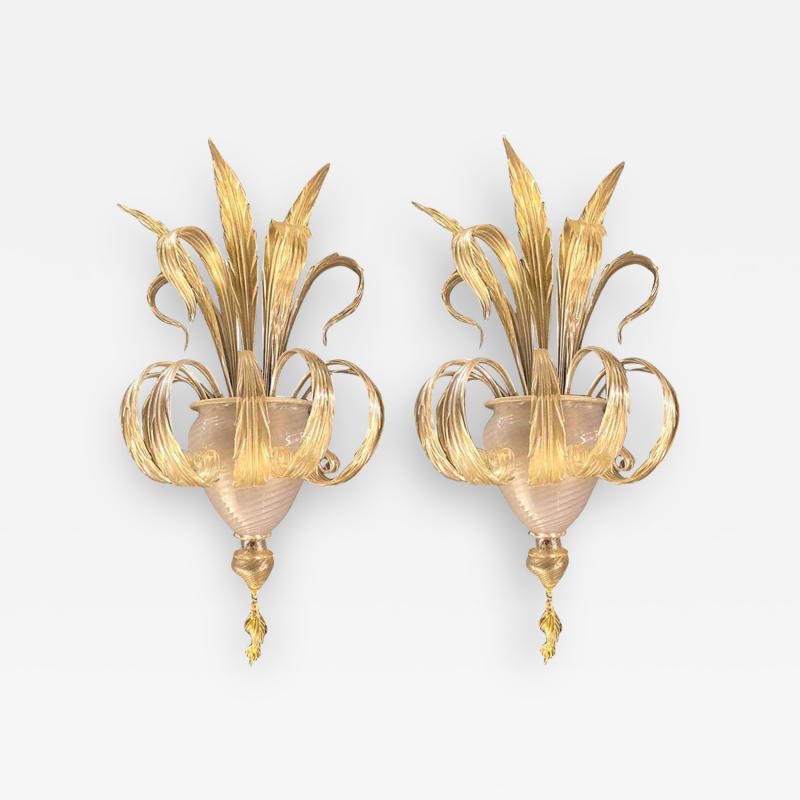 Pair of Sumptuous Gold Murano Glass Leave Wall Sconces