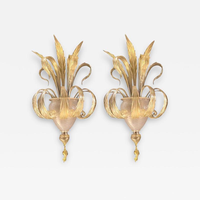 Pair of Sumptuous Gold Murano Glass Leave Wall Sconces