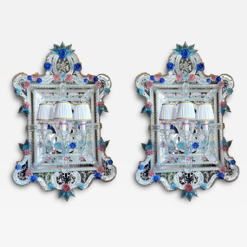Pair of Superb Murano Glass Mirrors with Wall Lights By Veneziani Arte
