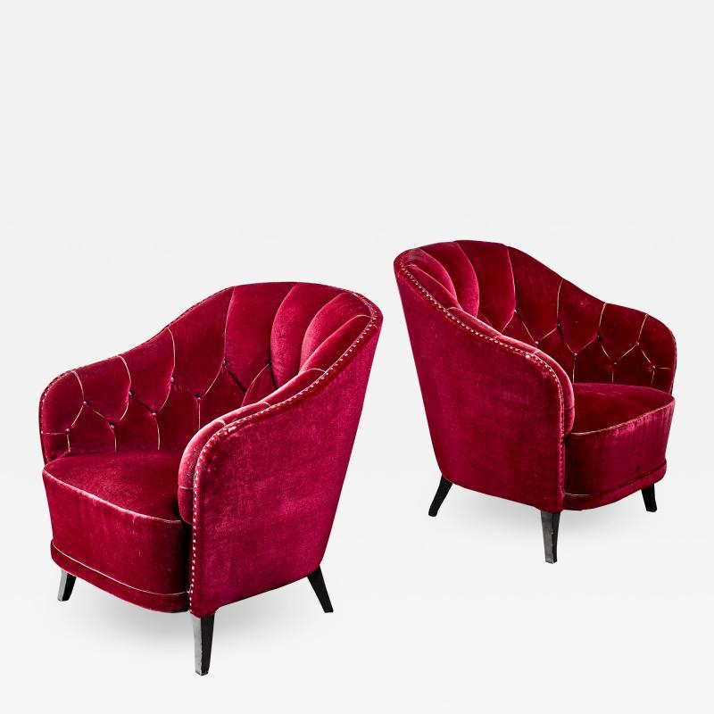 Pair of Swedish Burgundy red velvet easy chairs 1930s 40s