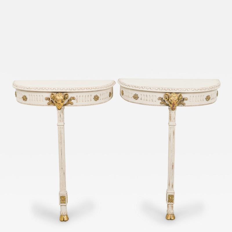 Pair of Swedish Cream Painted and Gilt Demilune Wall Mounted Console Tables