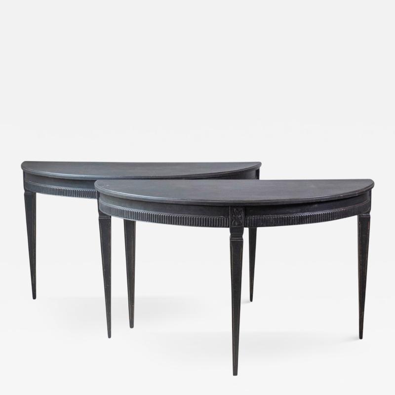 Pair of Swedish Early 19th Century Demi Lune Consoles in Black Paint