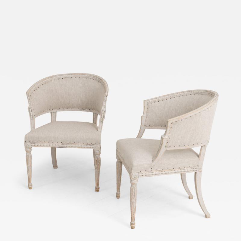 Pair of Swedish Gustavian Style Painted Barrel Back Armchairs