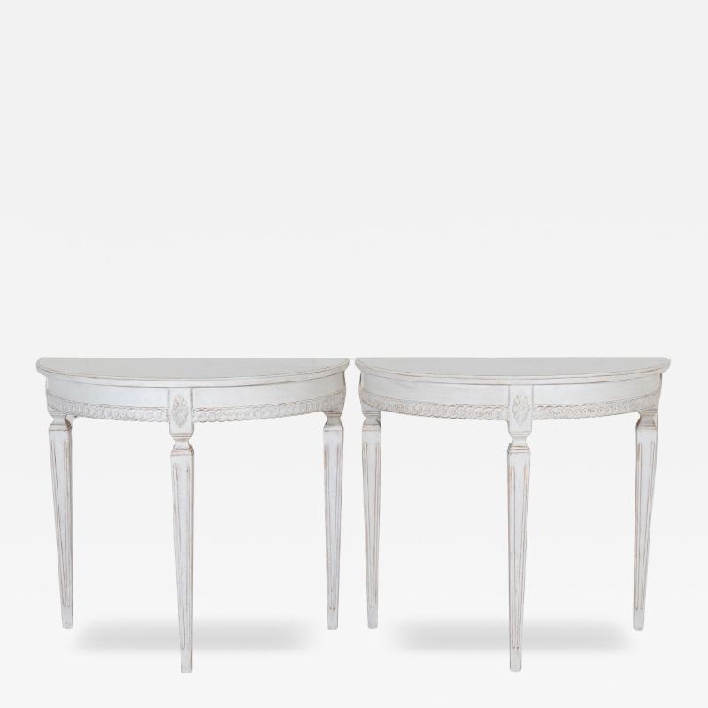 Pair of Swedish Gustavian White Painted Demi Lune Consoles ca 1880